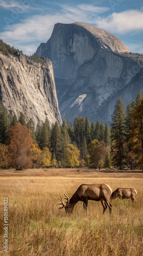 Elk Grazing in a Golden Meadow With Mountains in the Background During a Clea...
