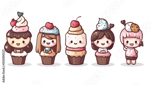 Cute cartoon set of fruits vegetables and sweet desserts with cupcakes and chocolate in a seamless pattern