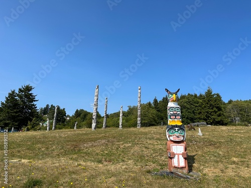 Namgis First Nation Totem poles, Namgis Burial Grounds, the Village of Alert Bay, Cormorant Island, British Columbia. Canada