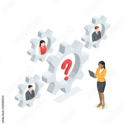 isometric vector business people in gears and question mark, in color on white background, work collective or team and employee search
