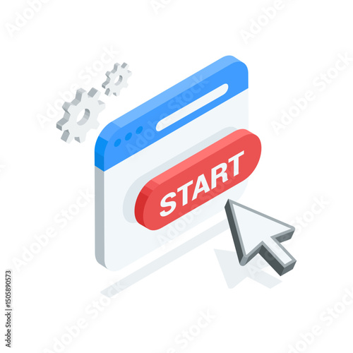 isometric vector arrow presses a button with the word start, in color on a white background, startup or surfing the internet