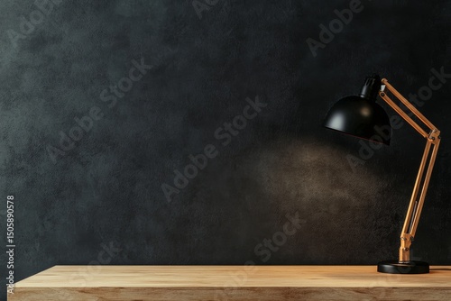 Modern Wooden Shelf With Desk Lamp and Books in a Dark Room Setting.