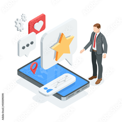 isometric vector business man and smartphone with text bubbles and star, in color on white background, social media user comments or rating