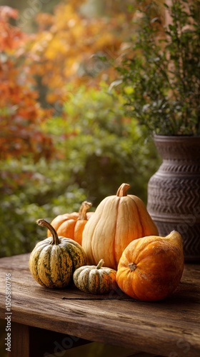 Colorful Autumn Pumpkins Arranged on a Rustic Wooden Surface With Leaves.