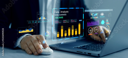 Financial business data analytics graph dashboard.	Management data System KPI connected in database for follow earnings,operations and sales data. Businessman using KPI dashboard.