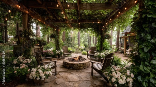 Cozy Outdoor Fire Pit Surrounded by Lush Greenery and Blooming Flowers at Dusk