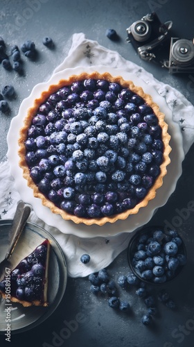 Fresh Blueberry Tart With Creamy Filling Displayed on a White Plate Surrounde...