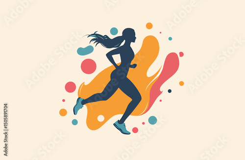 Silhouette of a young female runner in action against a colorful abstract background.