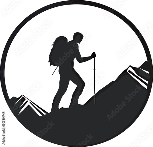 Silhouette of a male hiker ascending a mountain trail against a minimalist background.