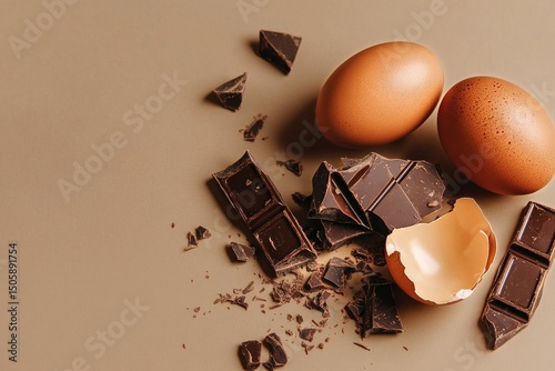 Chocolate Egg Halves With Broken Pieces on a Light Brown Surface.