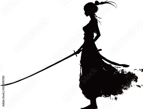 Silhouette of a female warrior holding a sword, exuding strength and elegance.