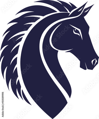 Elegant blue horse silhouette with flowing mane and sharp features.
