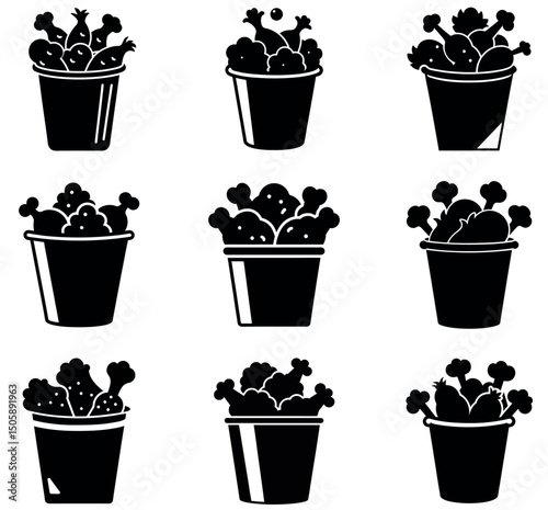 Fried Chicken Bucket Icons Bundle – Set of 9 Black and White Food Silhouette Illustrations