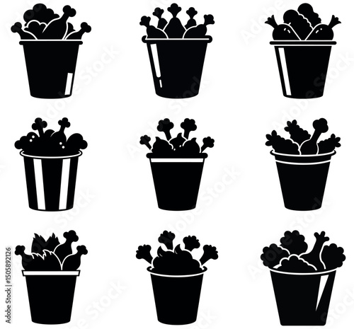 Fried Chicken Bucket Icons Bundle – Set of 9 Black and White Food Silhouette Illustrations