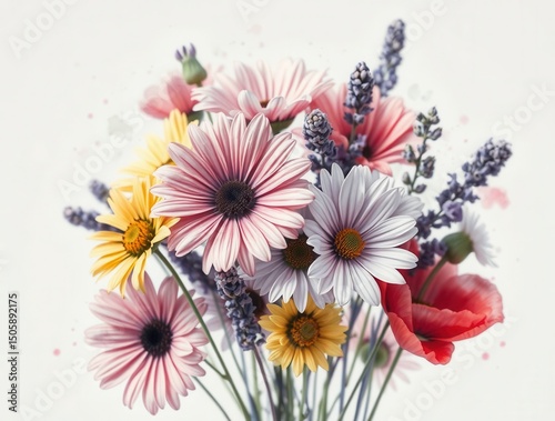 A vibrant bouquet of daisies, lavender, and poppies creates a colorful, cheerful floral arrangement.