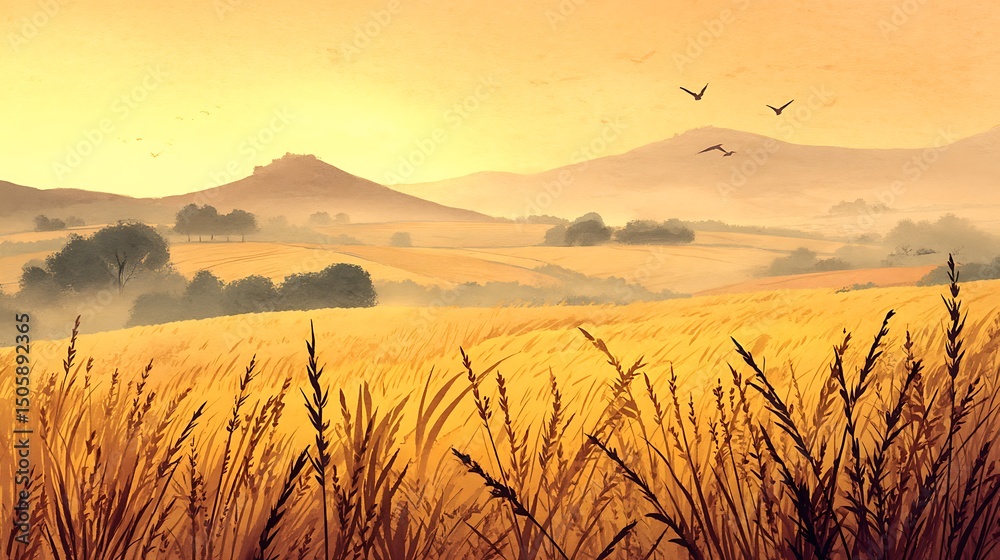 Fototapeta premium Golden wheat field at sunset with rolling hills and birds