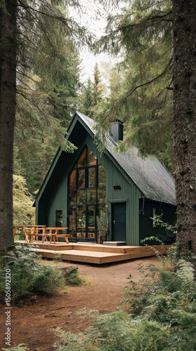 Unique Triangular Cabin Nestled in the Woods During Golden Hour Near a Serene...