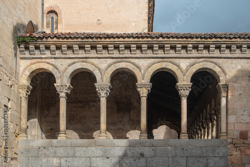 Atrium with columns and Romanesque decorated capitals in the church of San Martín in Segovia. Spain