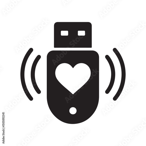 usb flash drive icon with heart symbol and wireless signal waves, representing data transfer, connectivity and digital storage