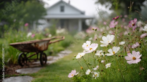 Colorful Garden Flowers Bloom Near a Rustic Wheelbarrow in Late Afternoon Sun...