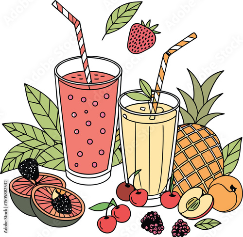 Vibrant Fresh Fruit and Juice Tabletop Display – Colorful Assortment with Garnished Glasses