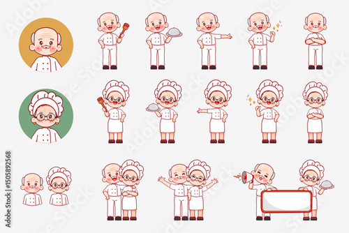 Cute couple chef grandparents cartoon logo. Happy Grandfather and grandmother character. Street food logo design premium vector.
