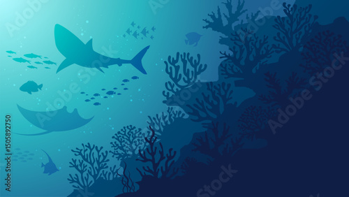 Ocean Underwater Background - Deep the sea scenery vector illustration banner with coral reef, fish and shinny blue water