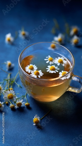 Relaxing Herbal Tea With Chamomile Flowers in a Clear Glass Cup.