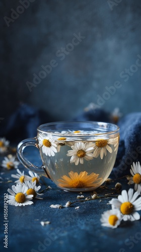 Refreshing Chamomile Tea With Daisies in a Glass Cup on a Blue Background.