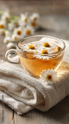 Chamomile Tea With Flowers in a Glass Cup on a Soft Fabric Background.