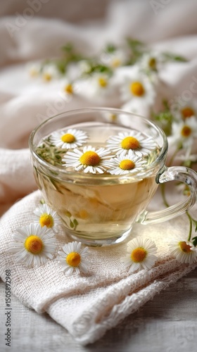 Chamomile Tea With Flowers in a Glass Cup on a Soft Fabric Background