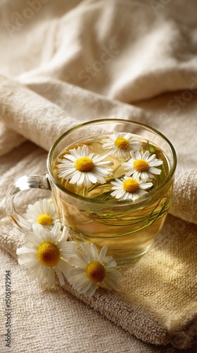 Herbal Tea With Fresh Daisies in a Glass Cup on a Soft Fabric Background