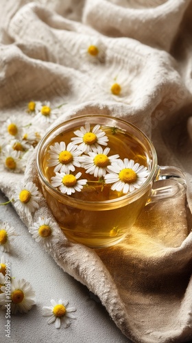 Herbal Tea With Fresh Daisies in a Glass Cup on a Soft Fabric Background.