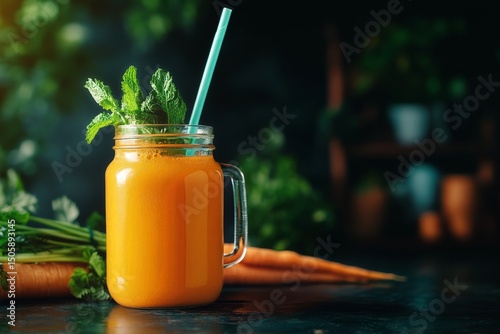 Fresh Carrot Juice Served in a Mason Jar With Mint Leaves and Carrots on Wood...