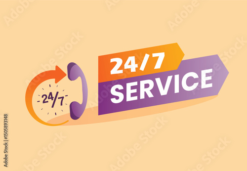 Customer service design 24/7.Twenty four hour clock icon.Around the clock sign concept
