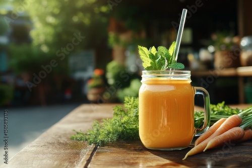 Fresh Carrot Juice Served in a Mason Jar With Mint Leaves on a Wooden Table i...