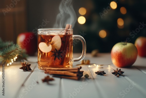 Warm Spiced Apple Drink With Cinnamon in Cozy Atmosphere During Winter Evening