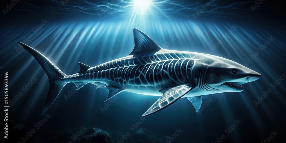 Fototapeta premium Dark fish bone pattern on a shark's skin with eerie glow