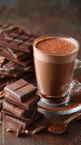 Rich Hot Chocolate Beverage With Chocolate Bars and Cocoa Powder on Rustic Ba...