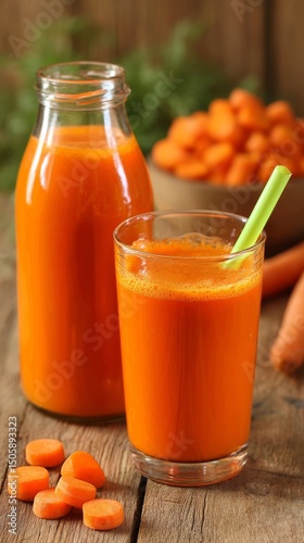 Freshly Prepared Carrot Juice With Whole Carrots on a Rustic Wooden Table in ...