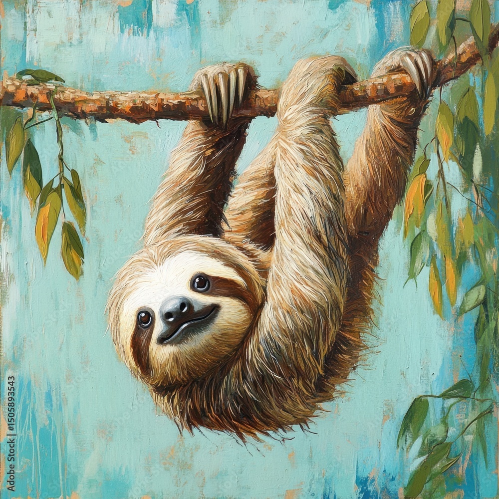 Obraz premium Cute Sloth Hanging on Tree Branch with Leaves in a Colorful Background