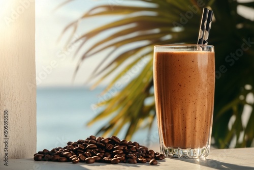 Creamy Coffee Drink With Two Straws and Roasted Beans in Soft Sunlight.