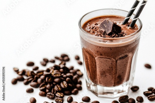 Delicious Coffee Drink With Chocolate Sprinkles and Straws on a Light Backgro...