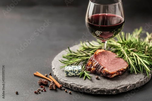 Enjoying a Fine Meal of Cured Meat and Red Wine Surrounded by Aromatic Herbs ...