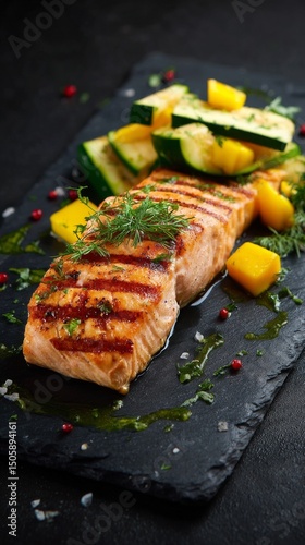 Grilled Salmon Fillet With Fresh Vegetables on a Black Slate Plate Garnished ...