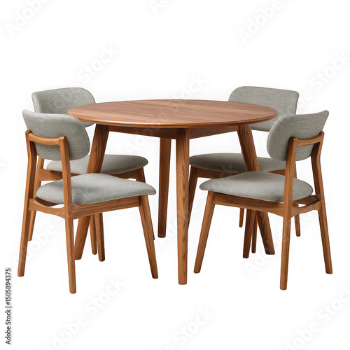 Round wooden dining table with four chairs isolated on transparent background