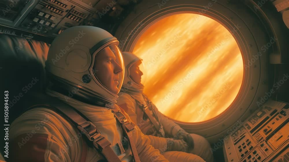 Two astronauts in spacesuits sit inside spacecraft, gazing through large circular window at intense orange-yellow plasma burning. Dramatic landing on a planet