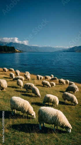 Grazing Sheep Along a Peaceful Lake in the Mountains on a Clear Day.