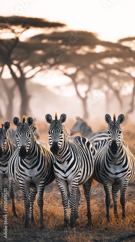 Zebras Standing Together During Sunset in an African Savannah Landscape.