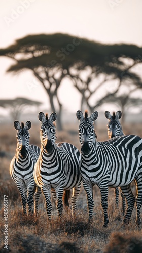 Zebras Grazing Under a Silhouette of Trees at Sunset in the African Savannah